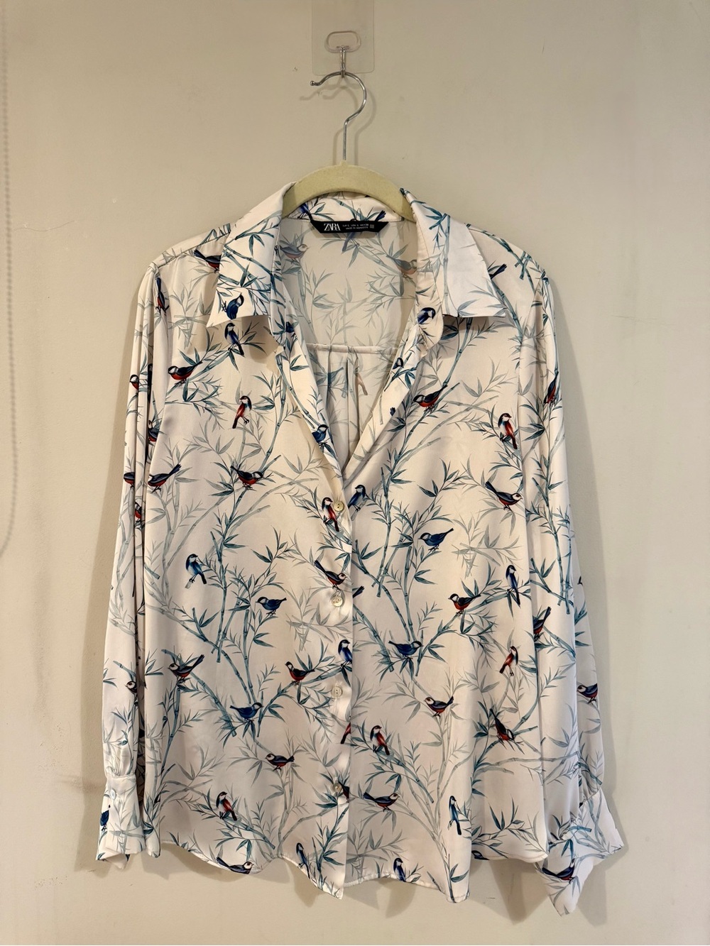 ZARA Satin White Bird-Print Button Down Blouse, Silky Aviary Top, Large, NWOT